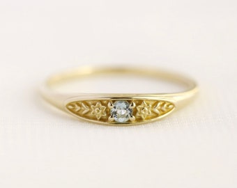 March birth ring, birthstone ring, birthflower ring, aquamarine ring, gemstone ring, signet ring, gold ring, silver ring, meaningful jewelry