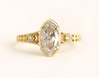 Moonlit ring, moval-cut ring, gold engagement ring, gold wedding ring, lab grown diamond ring, moissanite, moon ring, fine jewelry, crescent
