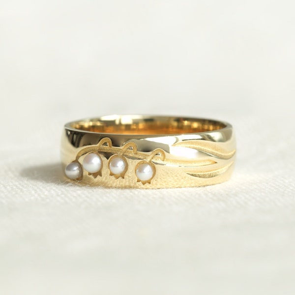 Anello del mughetto, anello di dichiarazione, anello a fascia, anello floreale, gioielli del mughetto, anello d'oro, anello d'argento, anello di perle