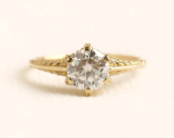 Gaia ring, engagement ring, wedding ring, propose ring, engraving, milgrain, diamond, moissanite, gold, fine jewelry, vintage inspired
