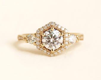Glorious Ring, Hexagon Halo Moissanite Engagement Ring, Antique Style Gold Solitaire Wedding Band, Handmade Jewelry, Fine Jewelry, Gold Ring