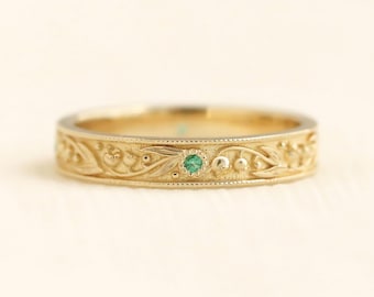 May eternity band, statement ring, emerald ring, lily of the valley ring, birthstone ring, birth flower ring, gold ring, meaningful jewelry