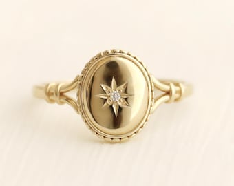 Polaris ring, star ring, statement ring, diamond ring, signet ring, gold ring, silver ring, handmade jewelry, hand engraved ring, gift idea
