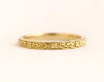 Wild vines band, floral wedding band, vintage style wedding band, milgrain band, flower ring, stacking ring, gold ring, fine jewelry, dainty