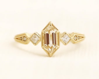 Obelisk ring, engagement ring, elongated hexagon ring, lab grown diamond, gemstone ring, three stone ring, milgrain ring, gold ring, jewelry