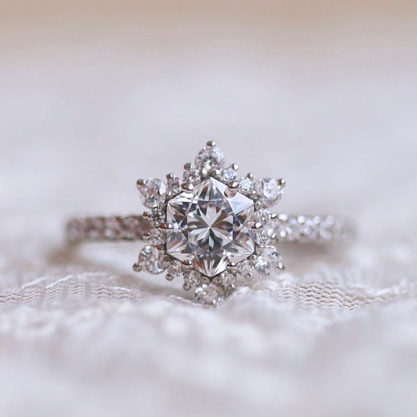 Anello pavé solitario fiocco di neve, anello di fidanzamento aureola esagonale, anello in oro bianco, anello d'argento, anello di promessa, anello di proposta, anello di nozze, regalo