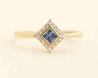 Talia ring, engagement ring, wedding ring, sapphire ring, princess cut ring, halo ring, gold ring, diamond ring, fine jewelry, gift for her
