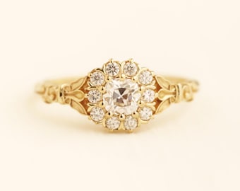 Papillon ring, old-cut engagement ring, wedding ring, butterfly ring, flower ring, solitaire ring, old mine cut ring, gold ring, bridal ring