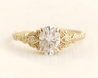 Olyssia ring, engagement ring, wedding ring, gold ring, heirloom style fine jewelry, antique inspired jewelry, moissanite ring, diamond ring