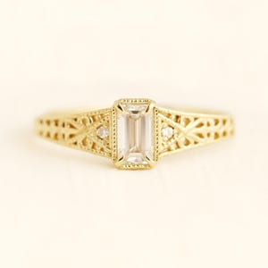 Arabesque ring, engagement ring, wedding ring, gold ring, filigree ring, emerald cut ring, moissanite ring, lab grown diamond ring, bridal