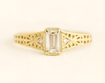 Arabesque ring, engagement ring, wedding ring, gold ring, filigree ring, emerald cut ring, moissanite ring, lab grown diamond ring, bridal