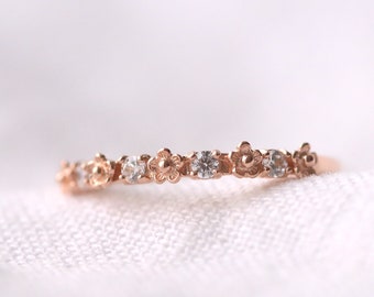 Tiny flower and cz ring, rose gold ring, silver ring, flower ring, dainty ring, rose gold jewelry, zirconia ring, bridesmaid gift, band ring