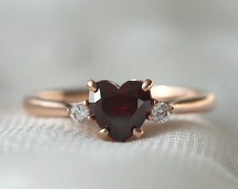 Garnet heart solitaire ring, silver ring, rose gold ring, engagement ring, promise ring, prong heart ring, three stones ring, solid gold