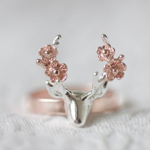 Flower deer ring, rose gold deer ring, antler ring, flower ring, animal ring, rose gold jewelry, silver ring, gift for her, bridesmaid gift image 1