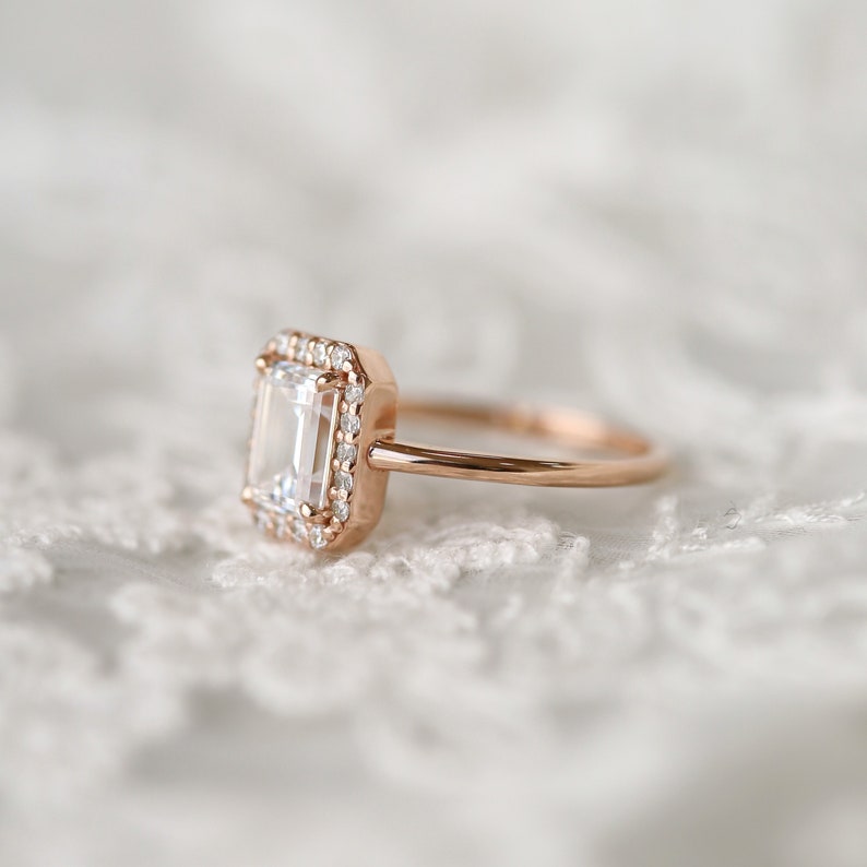 Emerald cut halo ring, Engagement ring, solitaire ring, emerald cut ring, bridal jewelry, proposal ring, gift for women, promise ring, gift image 7