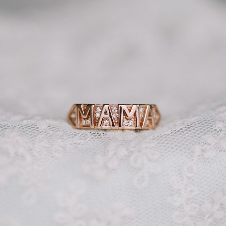 Mama ring, diamond ring, ringband, stackable ring, silver ring, solid gold ring, wedding band, gift for her, stacking ring, meaningful gift image 1