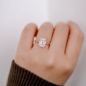 Emerald cut halo ring, Engagement ring, solitaire ring, emerald cut ring, bridal jewelry, proposal ring, gift for women, promise ring, gift image 9