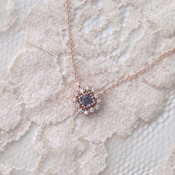 Tanzanite Square Pendant Necklace Rose 