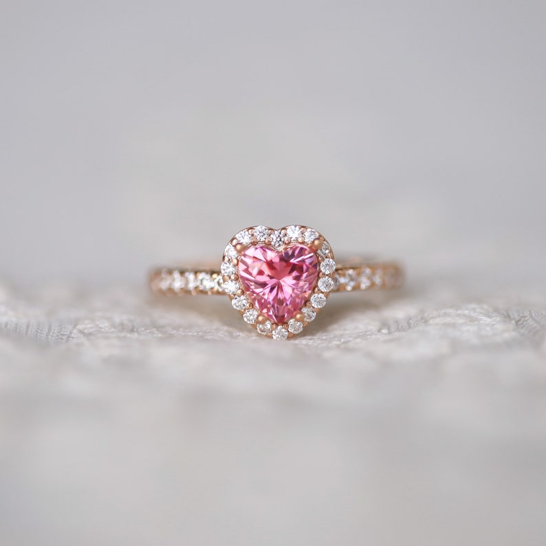 Heart solitaire ring, halo heart ring, rosegold ring, engagement ring, promise ring, heart ring, pink heart ring, proposal ring, silver ring image 2