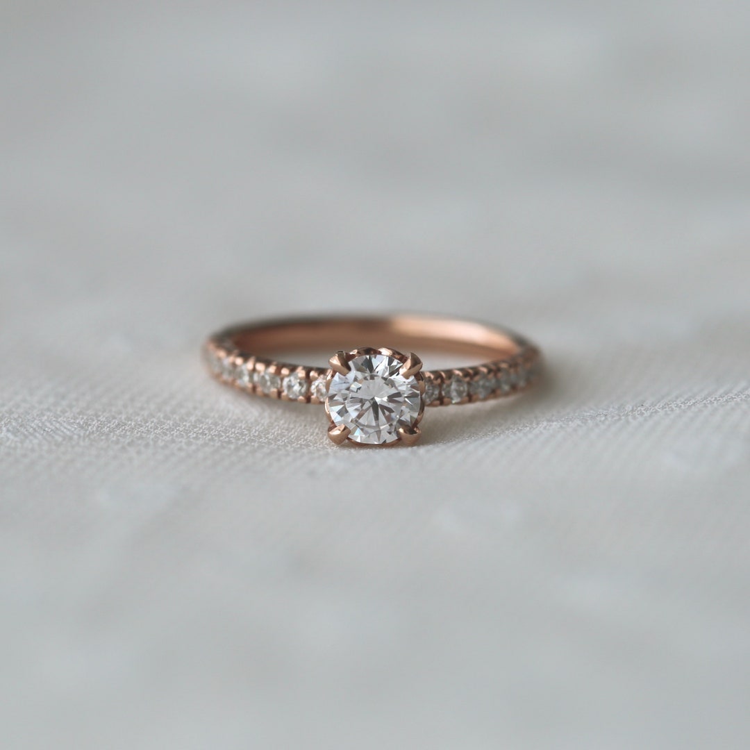 Rose Gold Round Pave Solitaire Ring Engagement Ring Dainty - Etsy