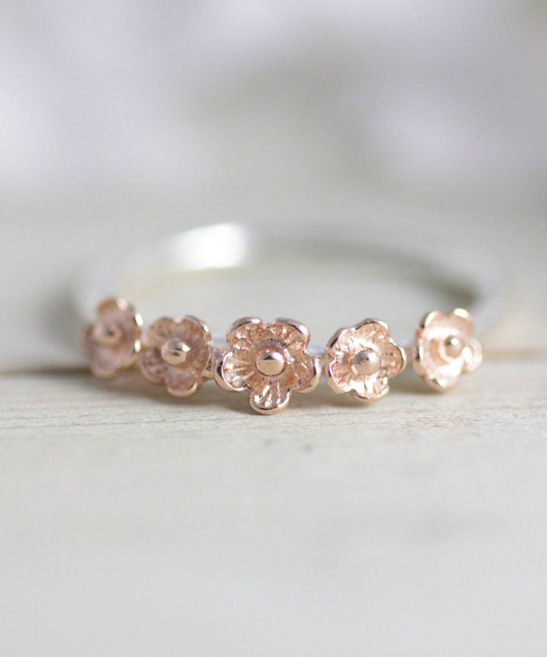 Cherry blossom ring, rose gold flower ring, rose gold jewelry, flower jewelry, pink jewelry, silver ring, two tone ring, bridesmaid gift 