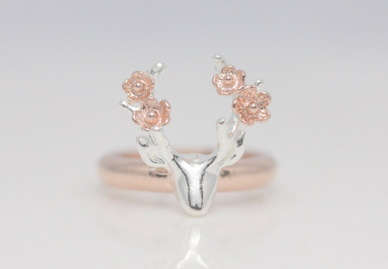 Flower deer ring, rose gold deer ring, antler ring, flower ring, animal ring, rose gold jewelry, silver ring, gift for her, bridesmaid gift image 3