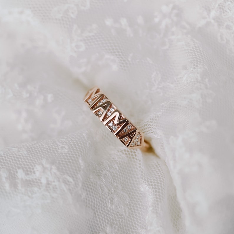 Mama ring, diamond ring, ringband, stackable ring, silver ring, solid gold ring, wedding band, gift for her, stacking ring, meaningful gift image 5