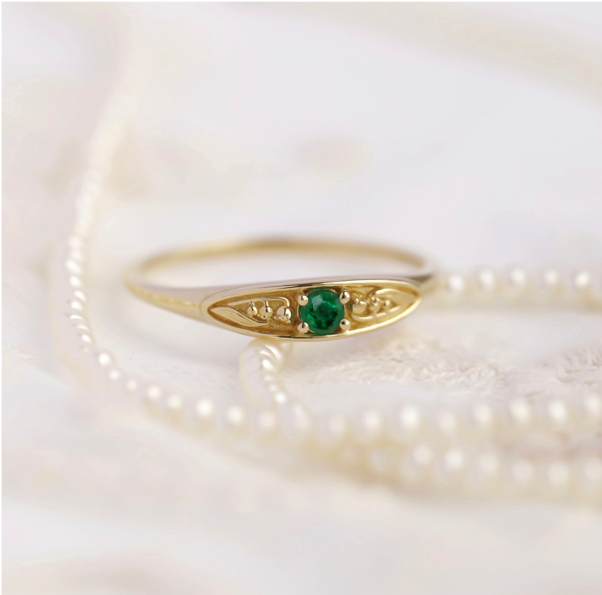 May Birth Ring, Emerald Ring, Gemstone Ring, Lily of the Valley Ring ...