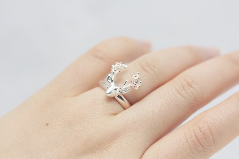 Flower deer ring, rose gold deer ring, antler ring, flower ring, animal ring, rose gold jewelry, silver ring, gift for her, bridesmaid gift image 2