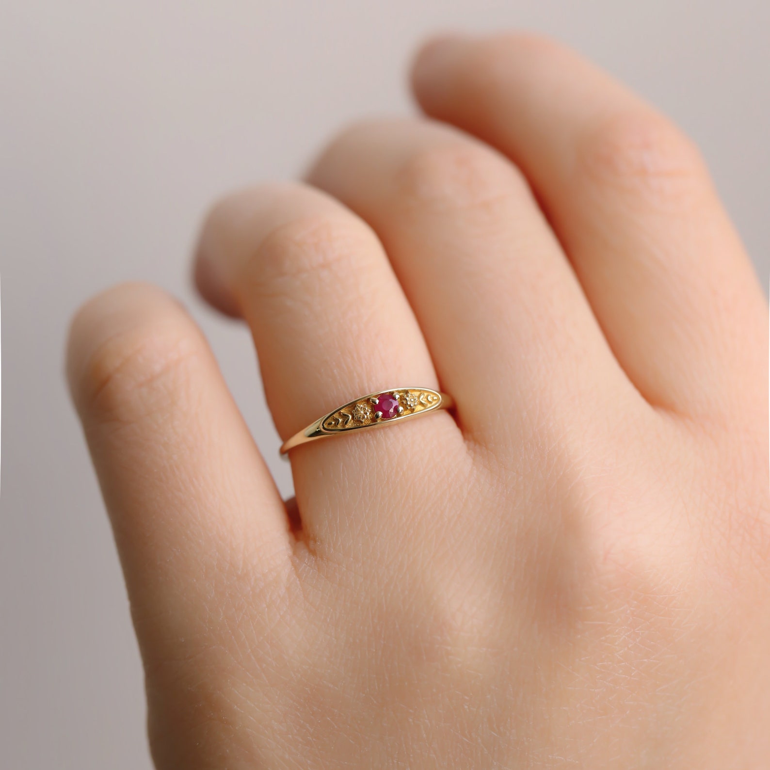 July Birth Ring, Birthflower Ring, Birthstone Ring, Ruby Ring, Gold ...