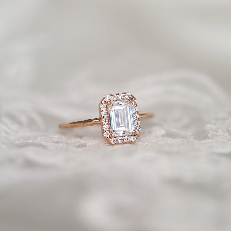 Emerald cut halo ring, Engagement ring, solitaire ring, emerald cut ring, bridal jewelry, proposal ring, gift for women, promise ring, gift image 6