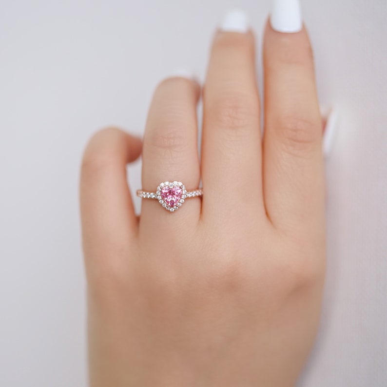 Heart solitaire ring, halo heart ring, rosegold ring, engagement ring, promise ring, heart ring, pink heart ring, proposal ring, silver ring image 4