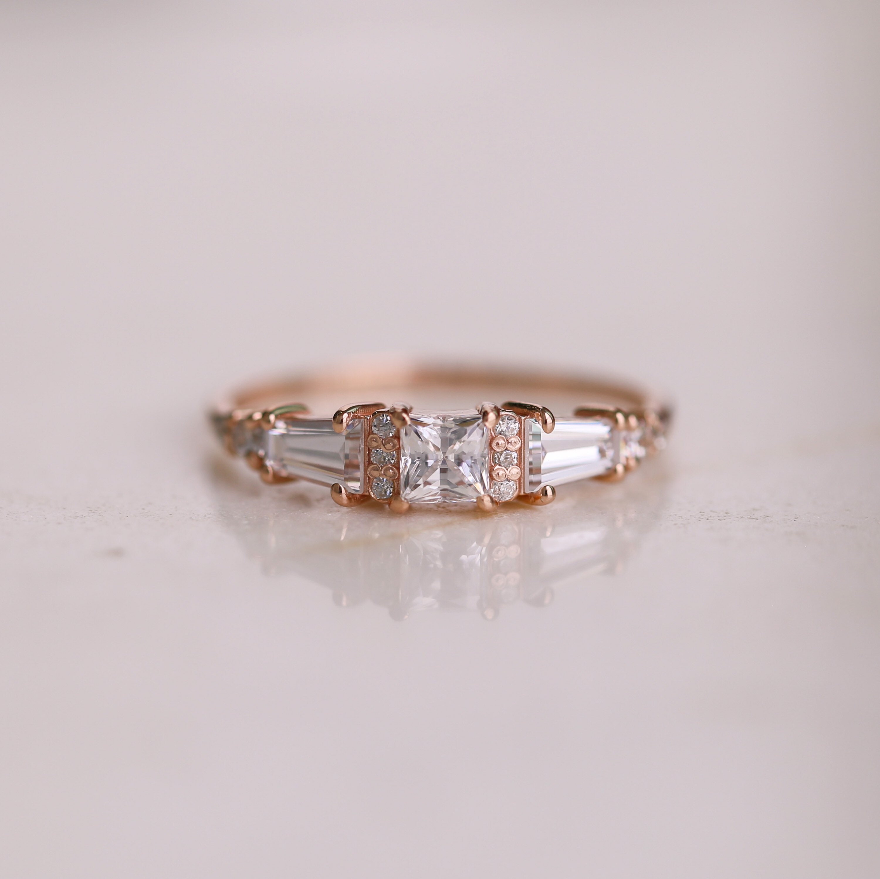 stackable ring wedding band White art deco ring classic wedding ring princess cut ring gold ring engagement ring square tapered ring