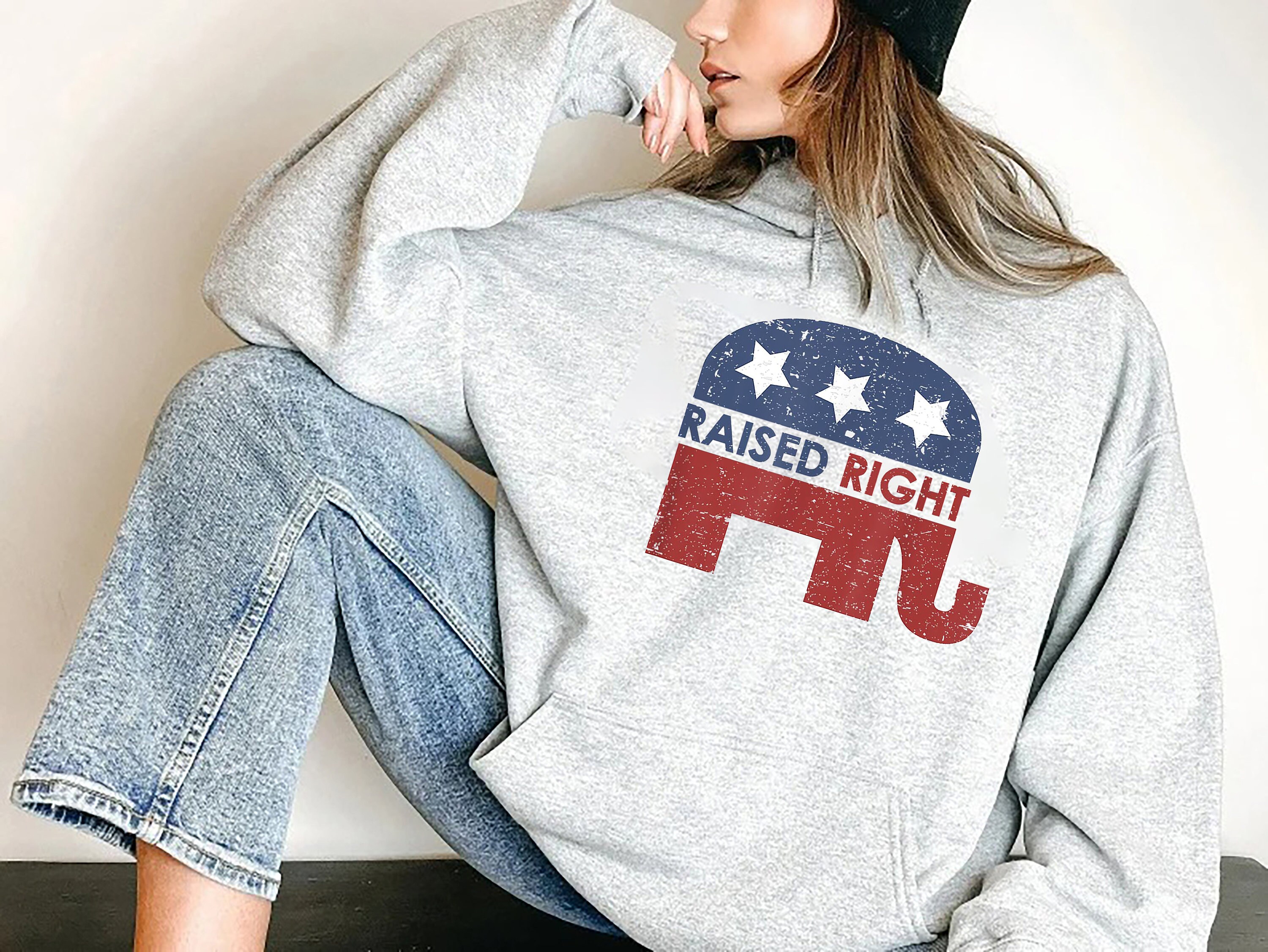 Discover Raised Right Republican Elephant Pro America Conservative Sweatshirt Republican Gifts for Conservative Woman Men Republican Sweatshirt