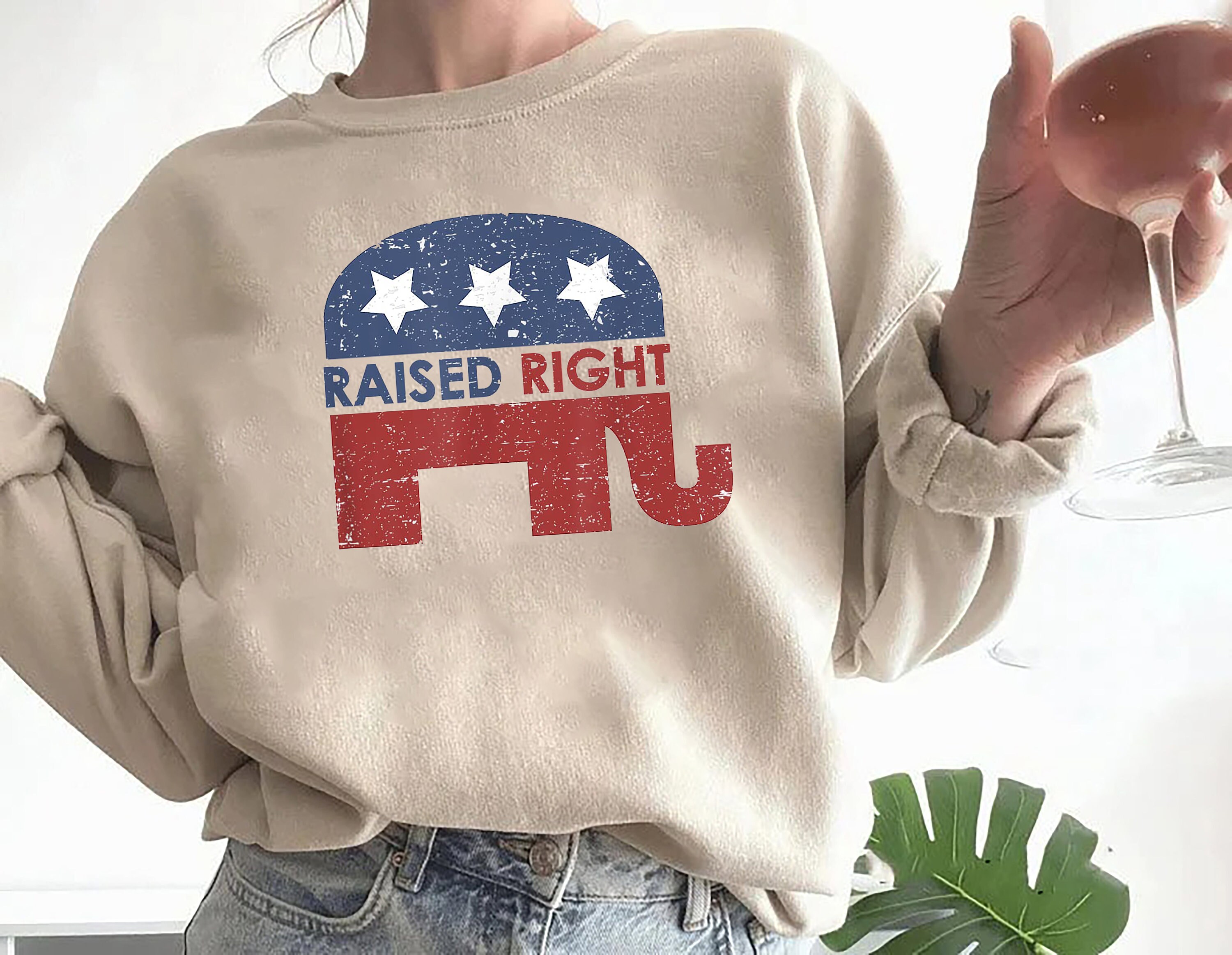 Discover Raised Right Republican Elephant Pro America Conservative Sweatshirt Republican Gifts for Conservative Woman Men Republican Sweatshirt