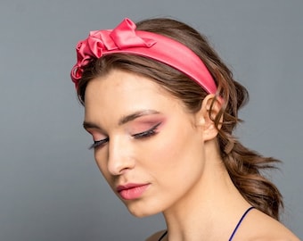 Pink satin headband with decoration, cocktail alice band, pastel pink moon headband, cocktail handmade headband, wedding headband