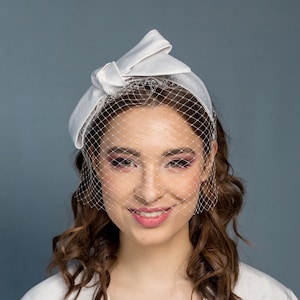 Wedding satin headband with big bow separately veiling, crazy bridal ivory headband, bridal headbow and netting image 1