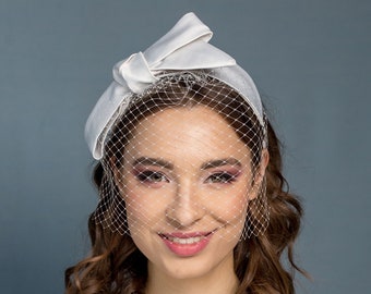 Wedding satin headband with big bow separately veiling, crazy bridal ivory headband, bridal headbow and netting