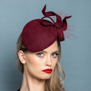 Burgundy wool felt Queen Kate shape hat with bow and netting ,claret cocktail, winter, race extravagant hat, quality