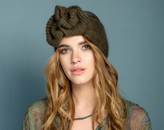 Khaki  mohair winter half- turban hat, knitted headband, fall women turban hat, wool turban, hijab, twist turban wrap