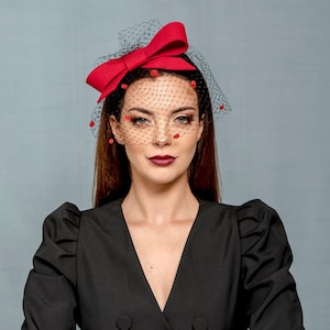 Black and red bow with veiling, red fascinator head bow with black spotted netting, party headbow with netting, modern bow fascinator