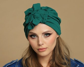 Green turban with decoration for women, elastic turban, chemo hat, summer turban