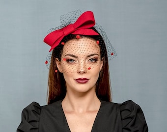 Black and red bow with veiling, red fascinator head bow with black spotted netting, party headbow with netting, modern bow fascinator