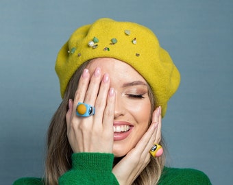 Lime green, yellow  beret with pearls and natural stones, winter beret, colorful french winter beret, handmade