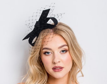 Black wool felt fascinator with big bow and veiling, black headpiece, black bow, party