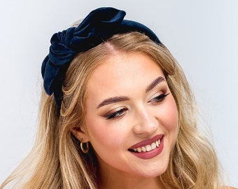 Navy blue velvet puffy headband with bow decoration, blue colour alice band, padded handmade headband, festive, party, christmas