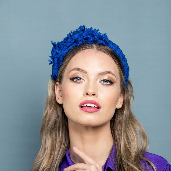 Kobaltblaues Tweed-Stirnband mit Verzierung, Alice-Band, Tweed-Mond-Stirnband, handgefertigtes Stirnband, Cocktail-Stirnband, Ausgeh-Stirnband