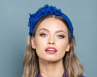 Kobaltblaues Tweed-Stirnband mit Verzierung, Alice-Band, Tweed-Mond-Stirnband, handgefertigtes Stirnband, Cocktail-Stirnband, Ausgeh-Stirnband
