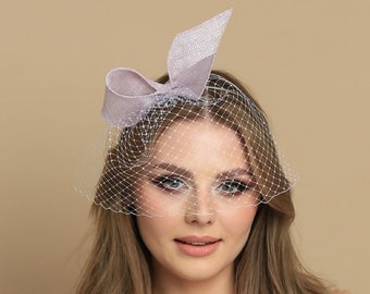 Lilac fascinator with veiling , summer fascinator, baptism, bow shape fascinator, headpiece, summer headpiece