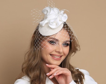 Bridal merry widow wool felt hat with big flower, wool headpiece, creamy white bridal hat, wedding headpiece